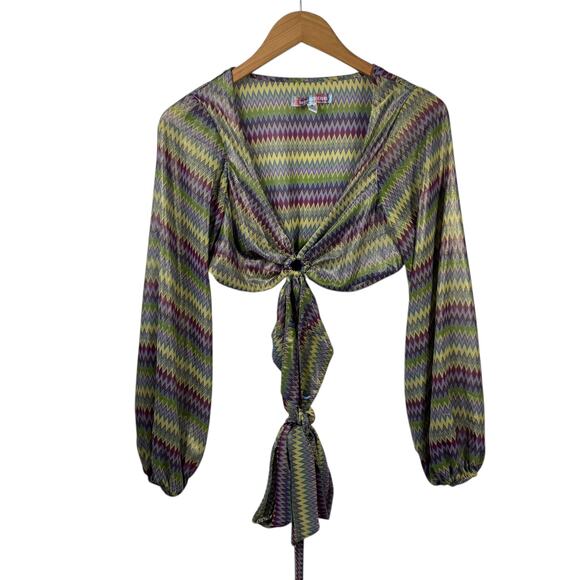 Urban Outfitters Crop Top Women Multicolor Zig Zag Balloon Sleeve Groovy 70s - Picture 1 of 6